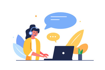 Woman with headset helping people on the internet working on laptop at the table isolated on white background, flat vector illustration