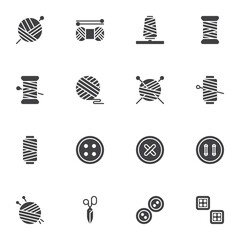 Sewing and needlework vector icons set, modern solid symbol collection, filled style pictogram pack. Signs, logo illustration. Set includes icons as balls of yarn knitting needles, thread , scissors