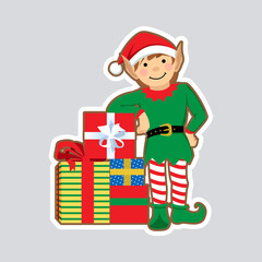 Elf with gifts presents. Isolated vector illustration.