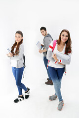 Yong south east Asian middle eastern Caucasian youth man woman in casual dress bag carrying book pose confident happy expression walk stand look at camera on white background