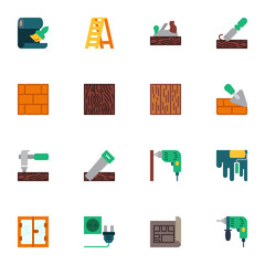 Construction and repair tool collection, flat icons set, Colorful symbols pack contains - brick wall build, woodworking, saw, hammer, electric drill, blueprint. Vector illustration. Flat style design