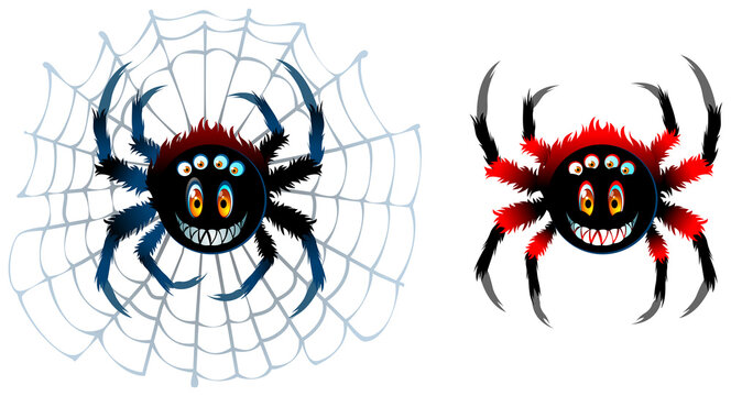 Funny spider-smiley face for Halloween, blue spider on a spider web, red on a white background. Vector image on a white background, isolated.