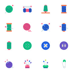 Sewing and knitting collection, flat icons set, Colorful symbols pack contains - balls of yarn knitting needles, thread , buttons, pin. Vector illustration. Flat style design