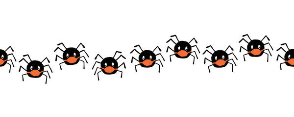 Coronavirus Halloween Spiders seamless border. Repeating Halloween 2020 social distancing design. Cute hand drawn spider illustration for kids, ribbons, banners, invitations, scrap booking, footer