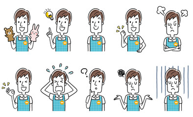 イラスト素材：若い保育士の男性、セット
