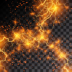 Lightning flash light thunder sparks on a transparent background.Fire and ice fractal lightning,...
