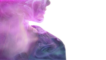 Art portrait. Aesthetic cosmetology. Ethereal energy. Soul chakra. Double exposure glitter neon glow purple smoke in profile woman silhouette isolated on white copy space background.