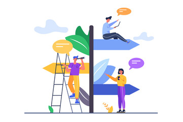 A group of people looking for a way according to the signs on the pillar, the guy on the stairs with a spyglass isolated on white background, flat vector illustration