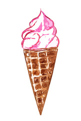 Pink ice cream in a waffle cone painted on a white background