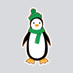 Cute penguin in hat and scarf. Isolated vector illustration.
