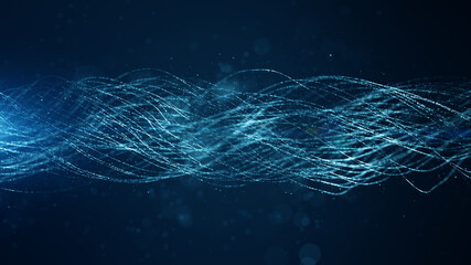 Abstract blue color digital particles line wave with bokeh and light background.