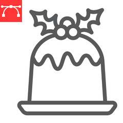 Christmas pudding line icon, merry christmas and dessert, holly berries sign vector graphics, editable stroke linear icon, eps 10.