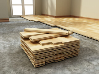 3D illustration of parquet installation process. 3D illustration