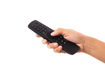 Hand holding television and audio remote control panel, studio shot isolated on over white background, Television wall broadcasting concept