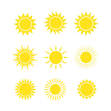Yellow sun icon set on white background