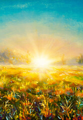Neblig Morgendämmerung Sonnenuntergang Gemälde Monet Malerei Claude Impressionismus Farbe Landschaft Blumenwiese Feld Öl