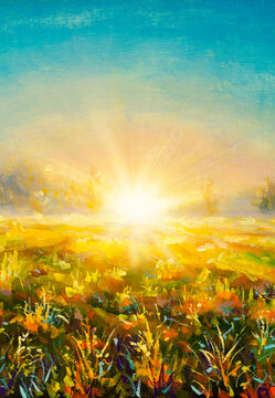 Foggy morning dawn sunset paintings monet painting claude impressionism paint landscape flower meadow field oil