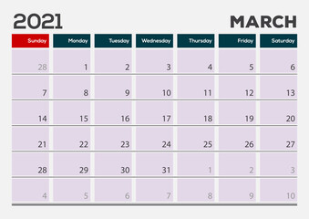 March 2021. Calendar planner design template. Week starts on Sunday.	
