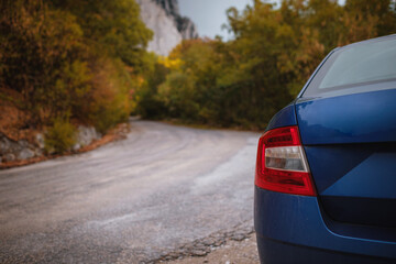 Freedom car travel concept in autumn mountains