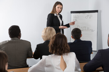 Young business woman giving presentation to international partners at meeting