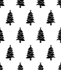 Christmas Tree Icon Seamless Pattern, Spruce, Pine, Fir Traditionally Decorated Ornamental Tree