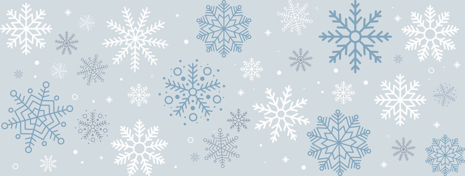 Winter blue background with falling snow. Christmas and New Year festive design with seamless pattern made of beautiful snowflakes in modern line art style. Xmas decoration. Vector illustration.