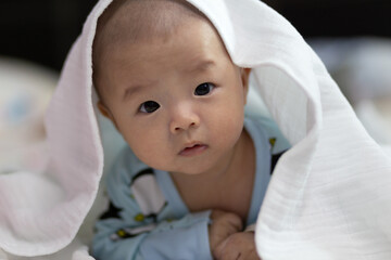 Adorable baby boy during tummy time with toy bear. Newborn child relaxing in bed