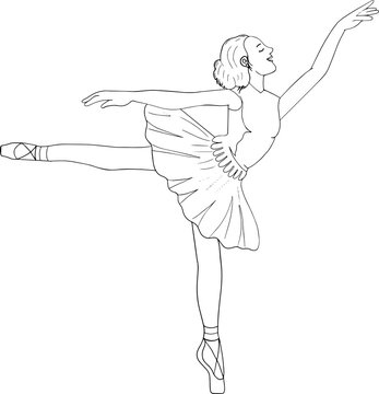 Vector illustration of beautiful happy dancing girl ballerina in tutu and pointe. Hand drawn flat line art style without color girl for t-shirt print, coloring book, web, site, greeting card, poster