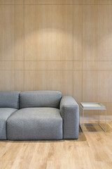 Living room corner with gray leather sofa with wooden wall in the background /interior design /modern style/ copy space