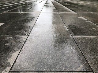 The wet tile floor, after the rain.
