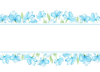 Summer botanical watercolor design banner. Light blue flowers and pale green leaves. Natural card or frame. Floral borders. Place for your text.