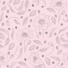 Vector pastel anemone flowers and raspberries seamless pattern print background.