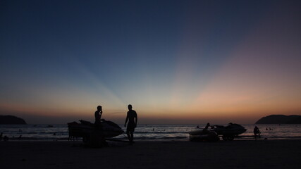 Human Guys Silhouette on Sunset Beach Water Sport