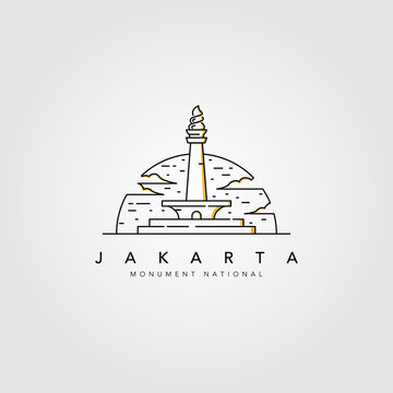 monument national of jakarta line art logo vector illustration design, jakarta landmark symbol