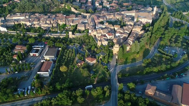 Aerial view of Bagno Vignoni a village in Val D'orcia. Spas, nature and a beautiful landscape