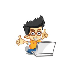 Vector Illustration of Geek Boy Play Laptop And Thumbs Up