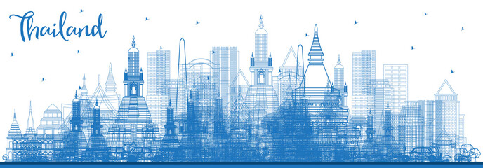 Fototapeta na wymiar Outline Thailand City Skyline with Blue Buildings.