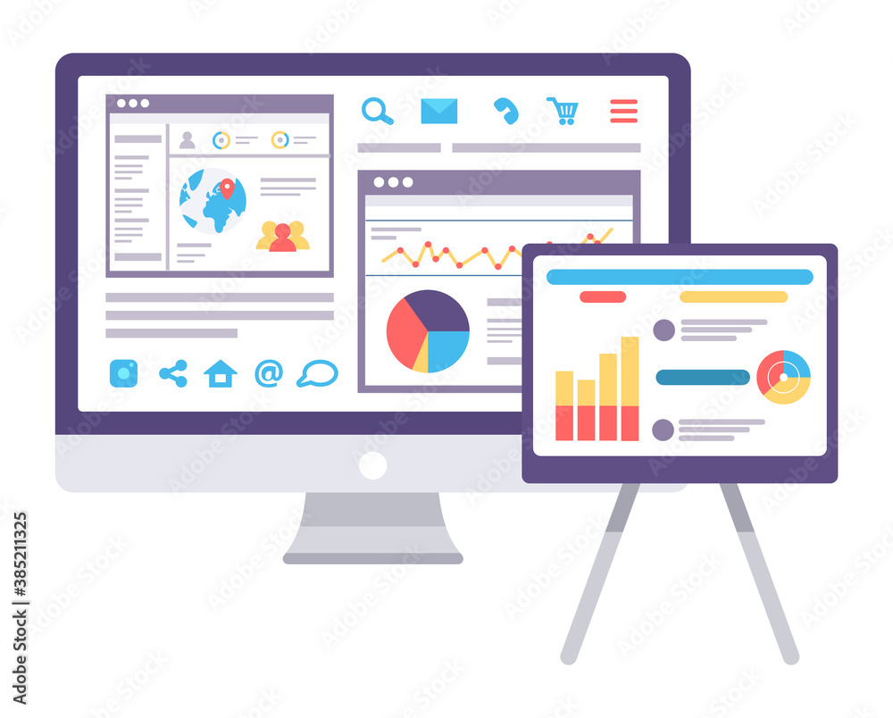 Fototapete web analytics information and development website statistic. web cms analysis measure, product testi