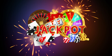 Casino banner jackpot design decorated with golden glittering playing prize sign coins.