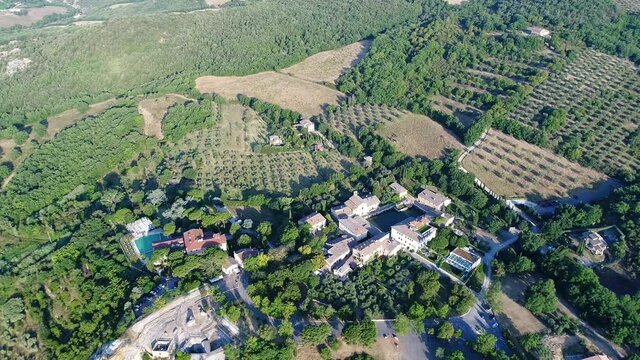 Aerial view of Bagno Vignoni a village in Val D'orcia. Spas, nature and a beautiful landscape