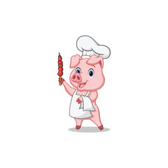 Vector illustration of Cute Pig Chef with a Skewer of Meats