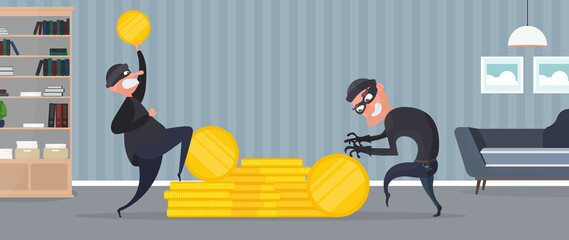 Two robbers steal gold coins. Two thieves are stealing money. Robbery and security concept. Vector. - obrazy, fototapety, plakaty