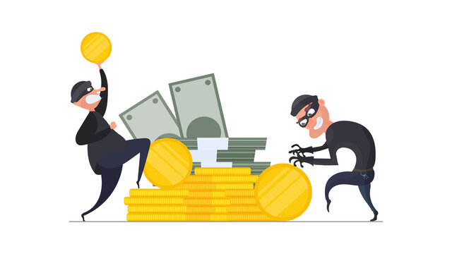 Two robbers steal gold coins. Two thieves are stealing money. Robbery and security concept. Isolated. Vector.