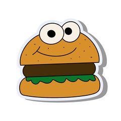 Burger in a flat style. Burger sticker with eyes on a white background. Suitable for postcards, banners and social media designs. Vector.