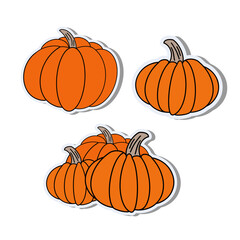 Pumpkin in a flat style. Pumpkin sticker isolated on white background. Good for postcards, banners and social media design. Vector.