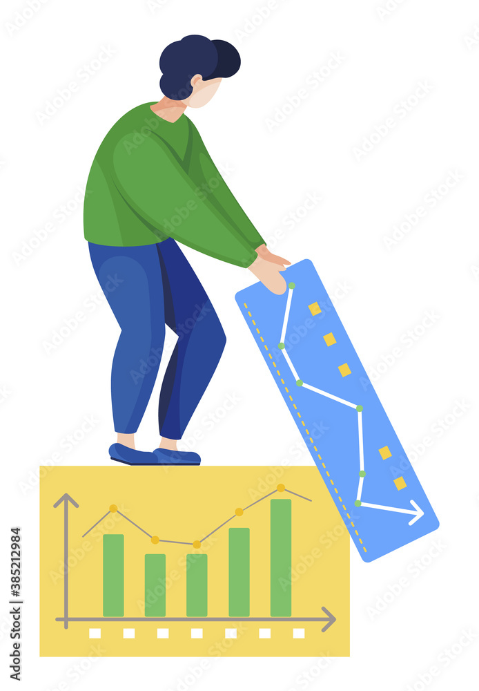 Fototapete man stand on board with graphic and carry another one. analytics and statistics graphs and diagrams 
