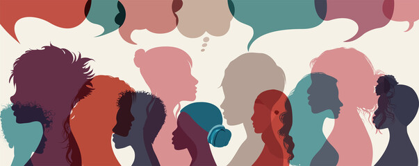 Silhouette group multiethnic diversity women who talk and share ideas and information. Communication and friendship women or girls diverse cultures. Social network community. Speech bubble