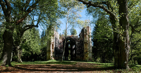 The ruins of the church of St. John the Baptist in western Bohemia in the Czech Republic among the trees
