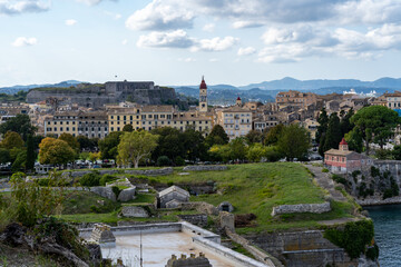 Corfu Town Greece island city downtown aerial view clock tower beautiful historic tourist destination