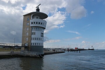 Radar tower at the waterfront of Cuxhaven, by the North Sea. It opened in 1960 and is 34 m high....